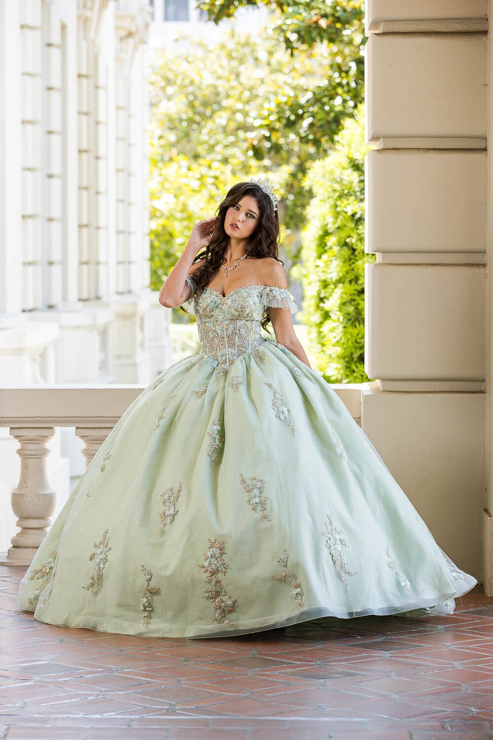Applique Off Shoulder Corset Ball Gown by Petite Adele PQ1024