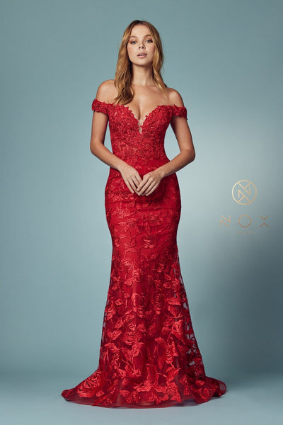 Applique Off Shoulder Mermaid Gown by Nox Anabel C439 - Outlet