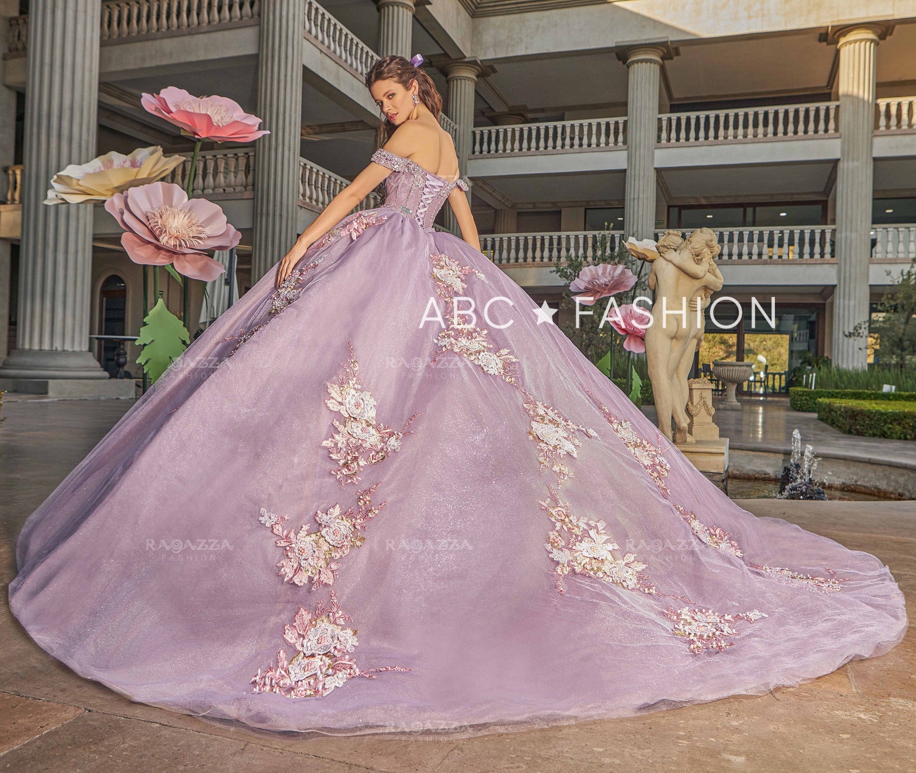 Off Shoulder Sleeveless Beaded Appliques Ruffles Bow Knot Lilac Sweet 15 Quinceañera Dress WQ1716