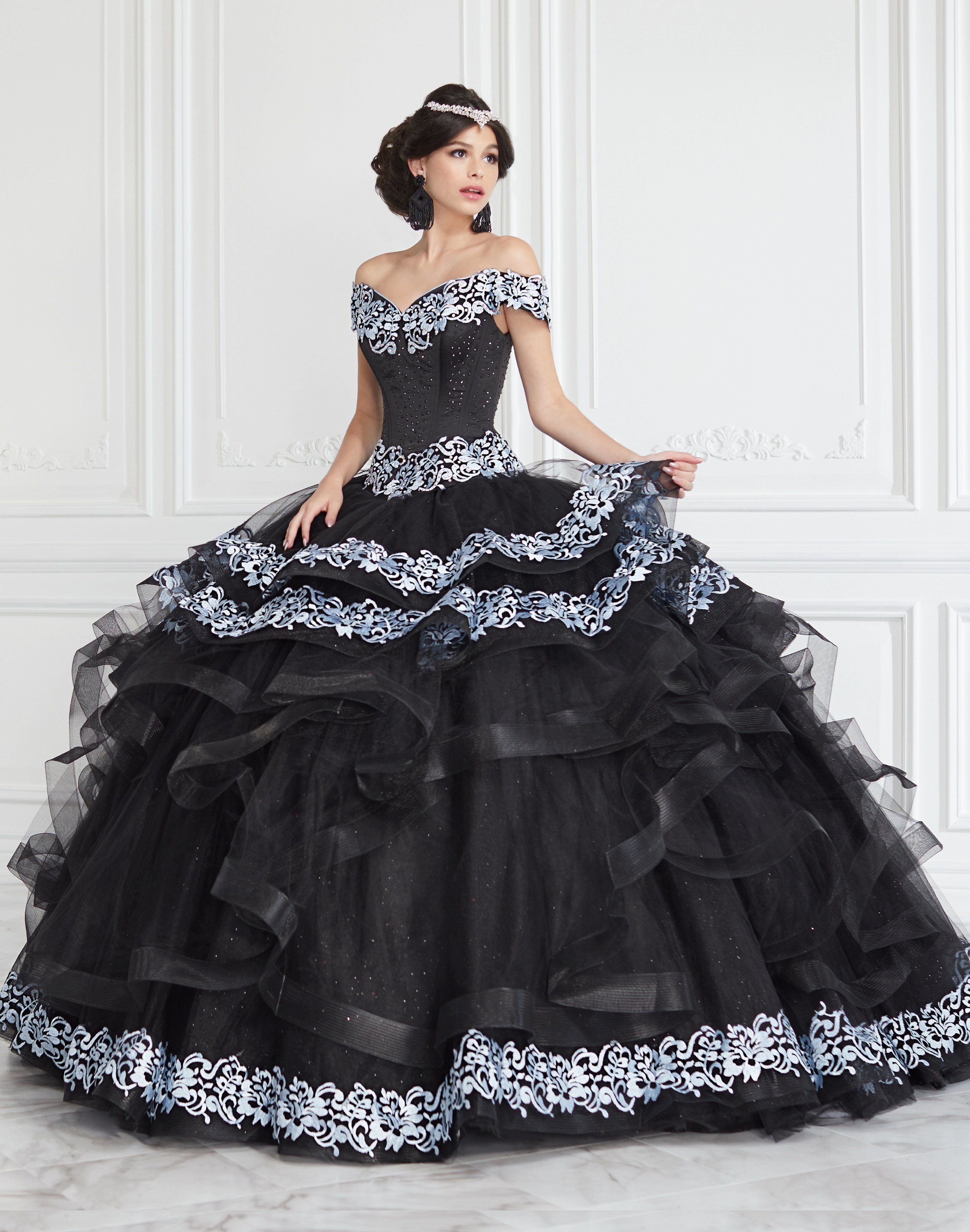 DQ25-1980 OFF-SHOULDER GLITTER QUINCEANERA DRESS WITH FLORAL EMBELLISHMENTS main image 1