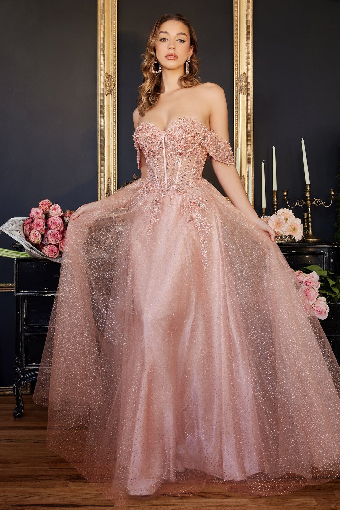 Applique Off Shoulder Tulle Gown by Ladivine CD0198