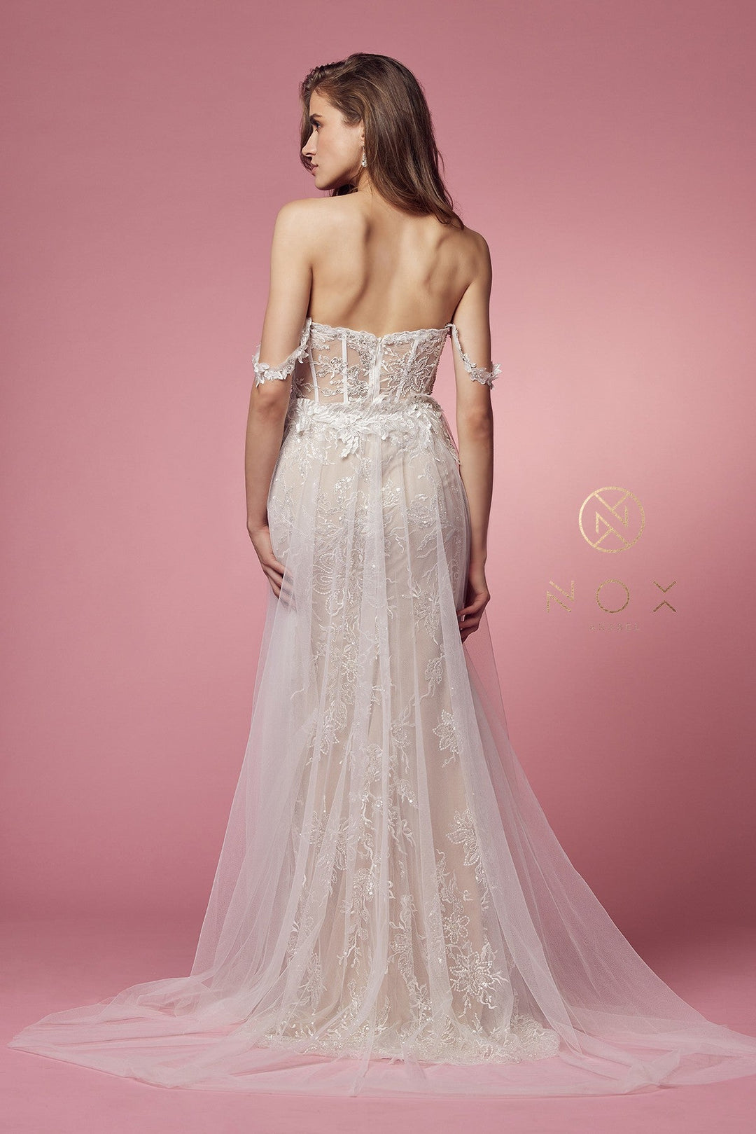 Applique Off Shoulder Tulle Gown by Nox Anabel E441