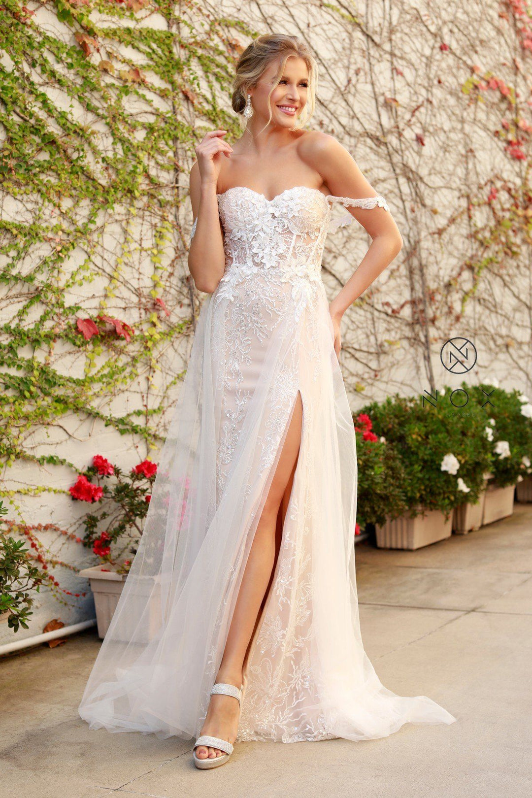 Applique Off Shoulder Tulle Gown by Nox Anabel E441