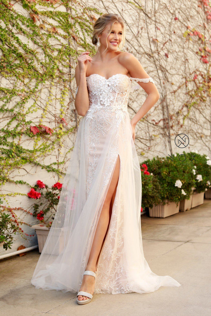 Applique Off Shoulder Tulle Gown by Nox Anabel E441