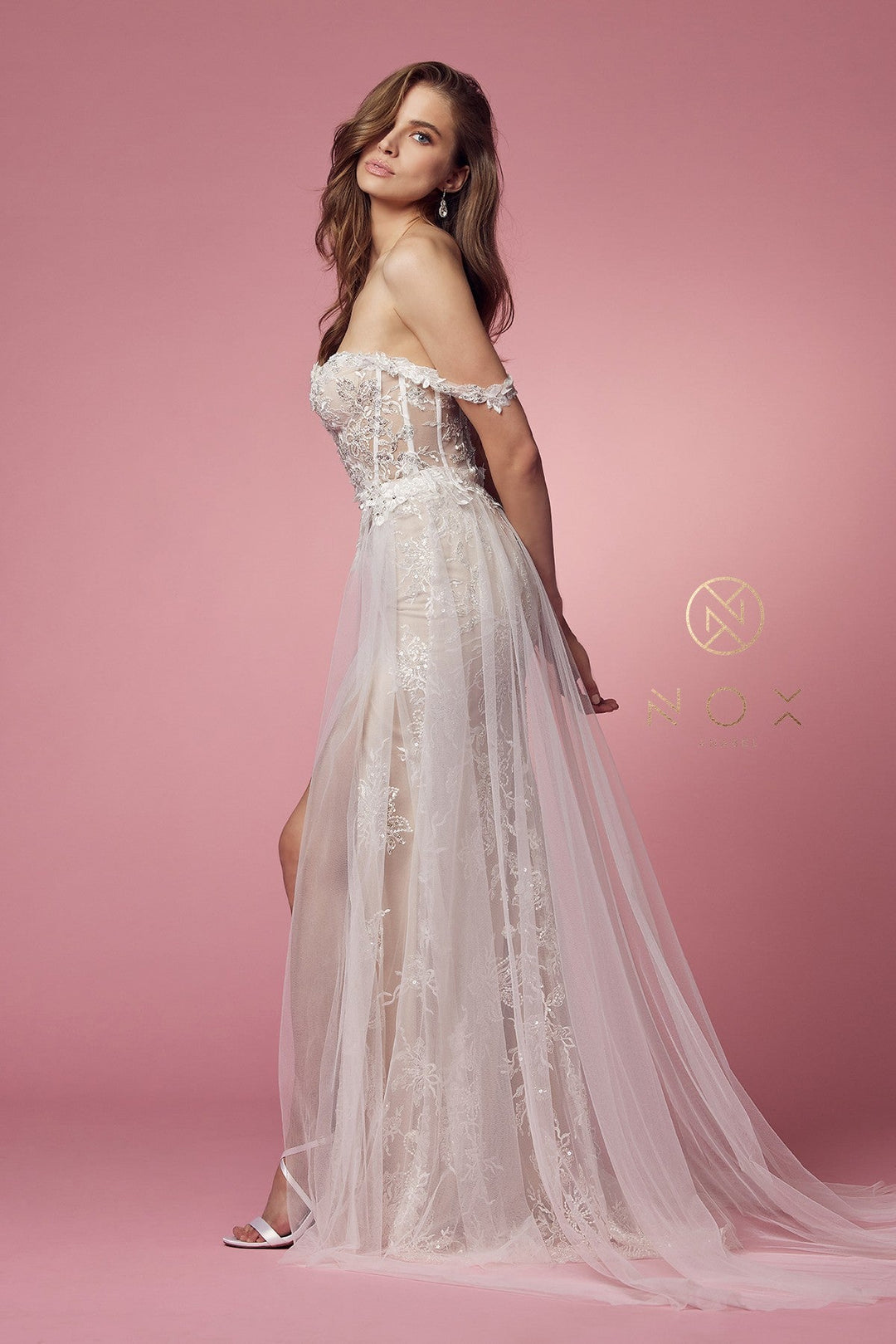 Applique Off Shoulder Tulle Gown by Nox Anabel E441