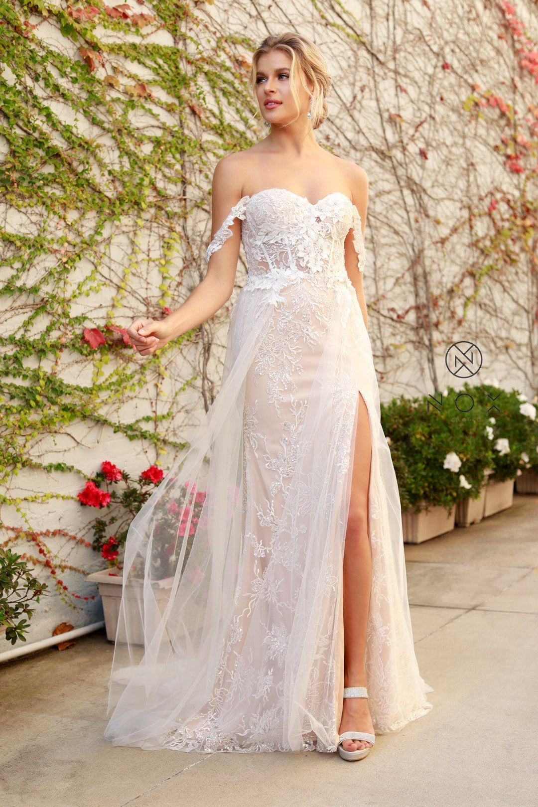 Applique Off Shoulder Tulle Gown by Nox Anabel E441