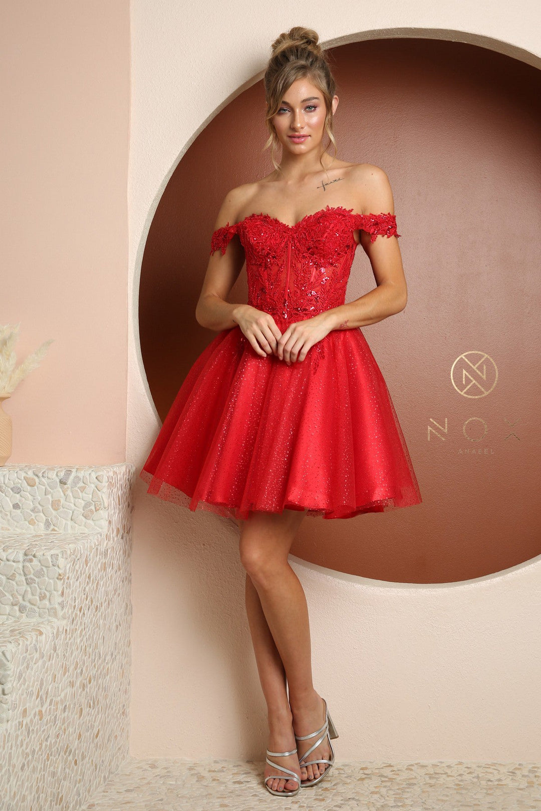 Applique Short Off Shoulder Dress by Nox Anabel F731