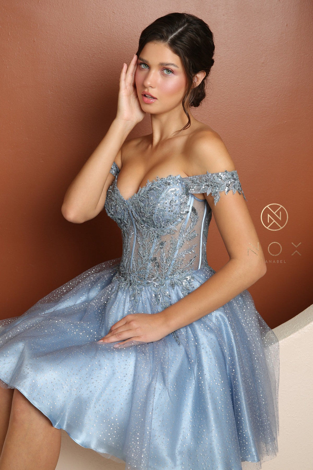 Applique Short Off Shoulder Dress by Nox Anabel F731