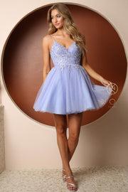 Applique Short V-Neck Dress by Nox Anabel T743