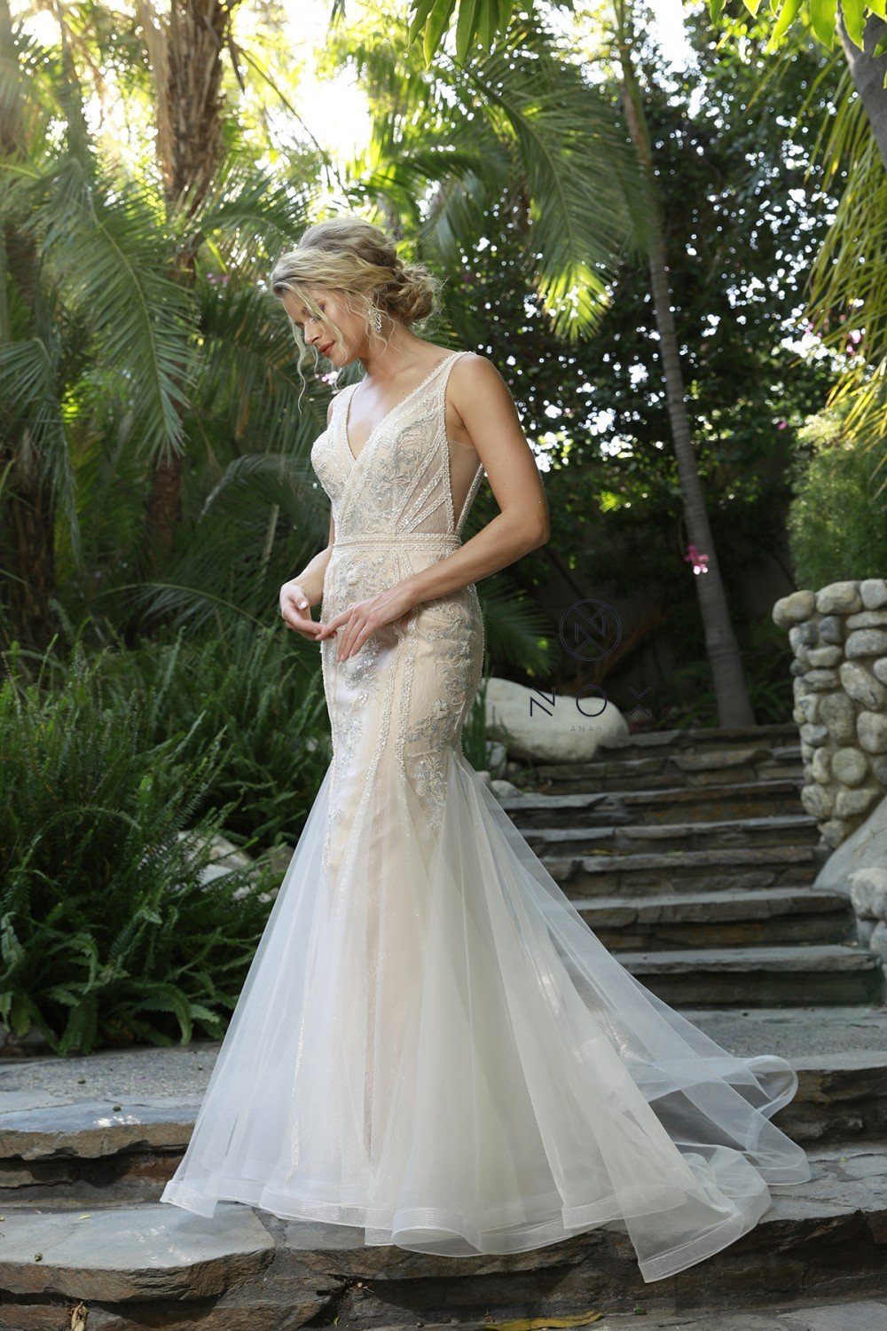 Applique Sleeveless Mermaid Gown by Nox Anabel E431