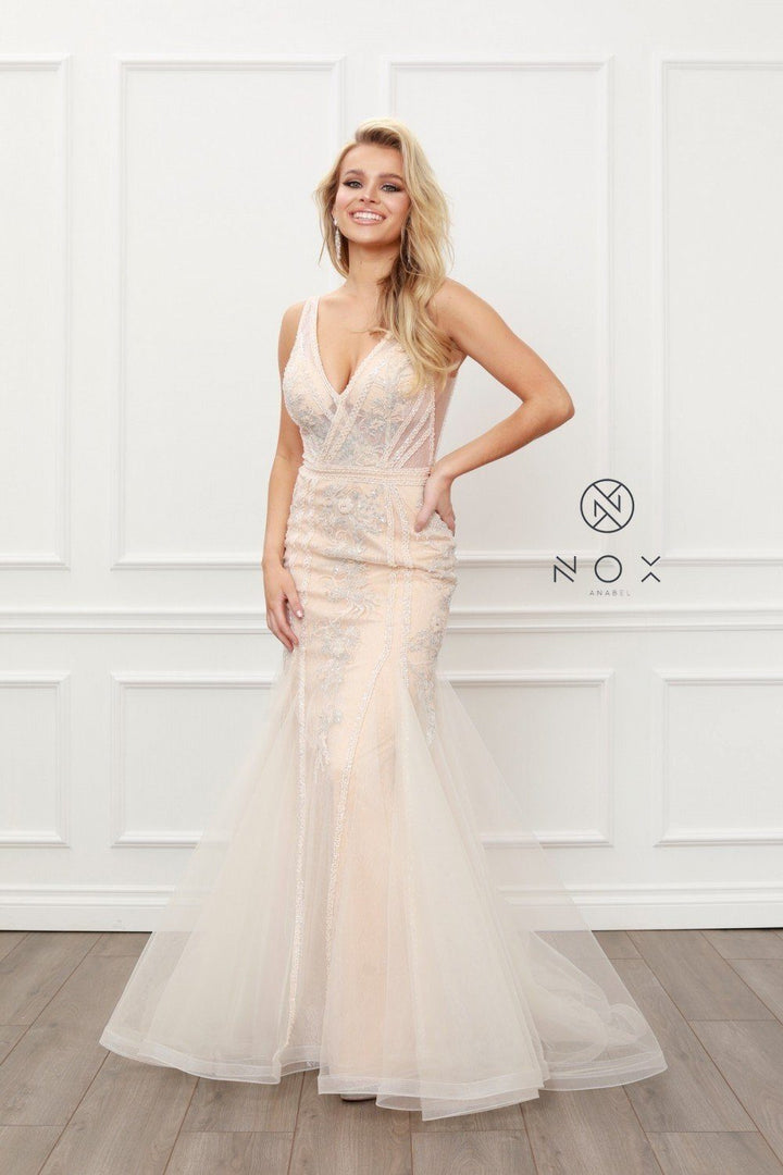 Applique Sleeveless Mermaid Gown by Nox Anabel E431