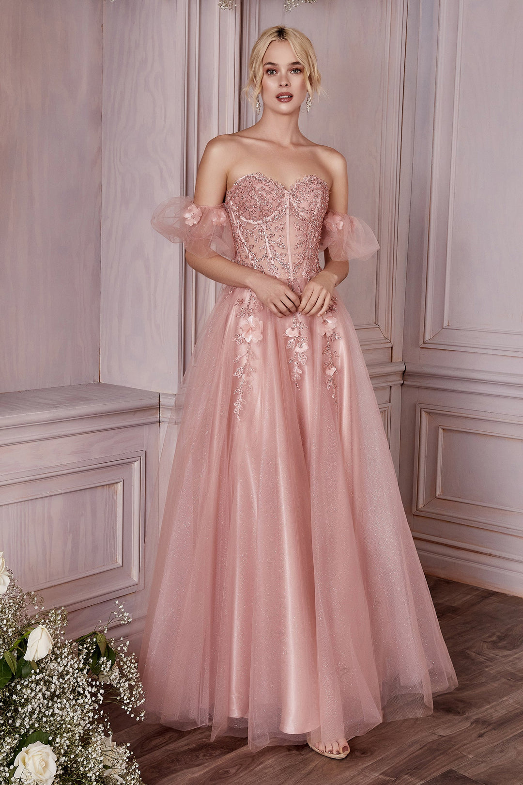 Applique Strapless Gown by Cinderella Divine CD0191