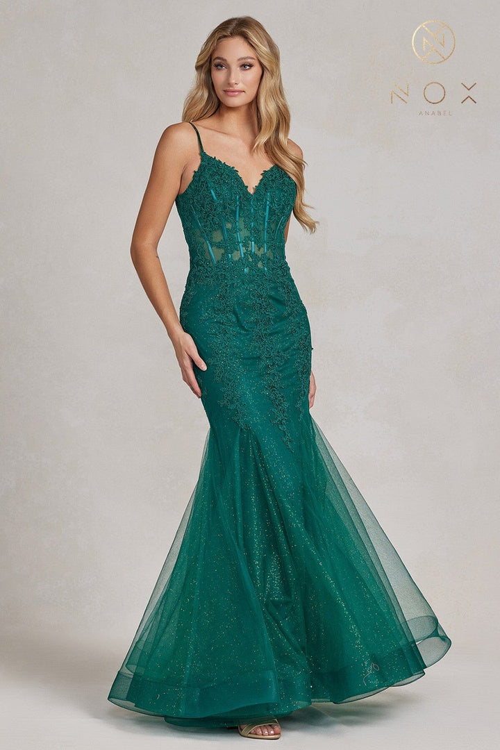 Applique V-Neck Mermaid Gown by Nox Anabel P1170