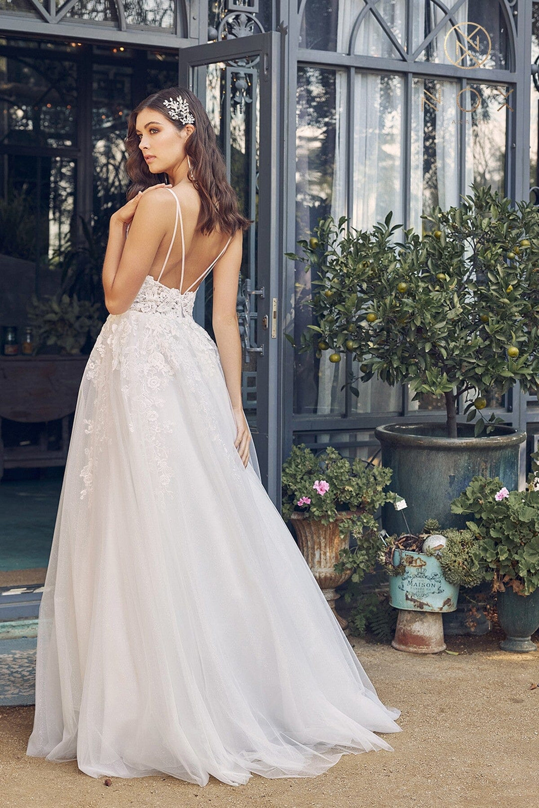 Applique V-Neck Wedding Dress by Nox Anabel JE933