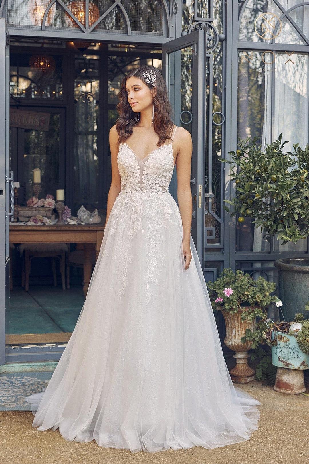 Applique V-Neck Wedding Dress by Nox Anabel JE933