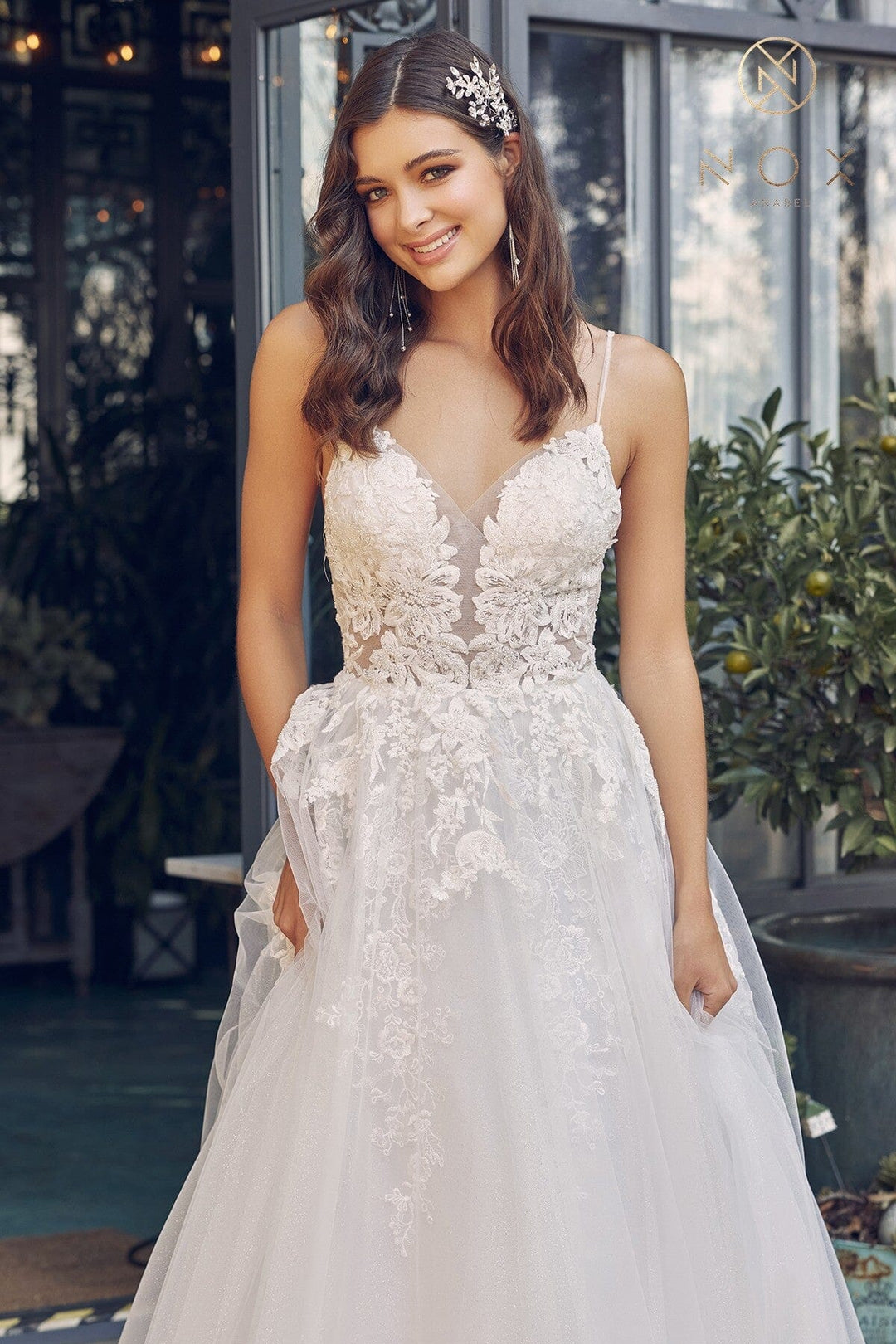 Applique V-Neck Wedding Dress by Nox Anabel JE933