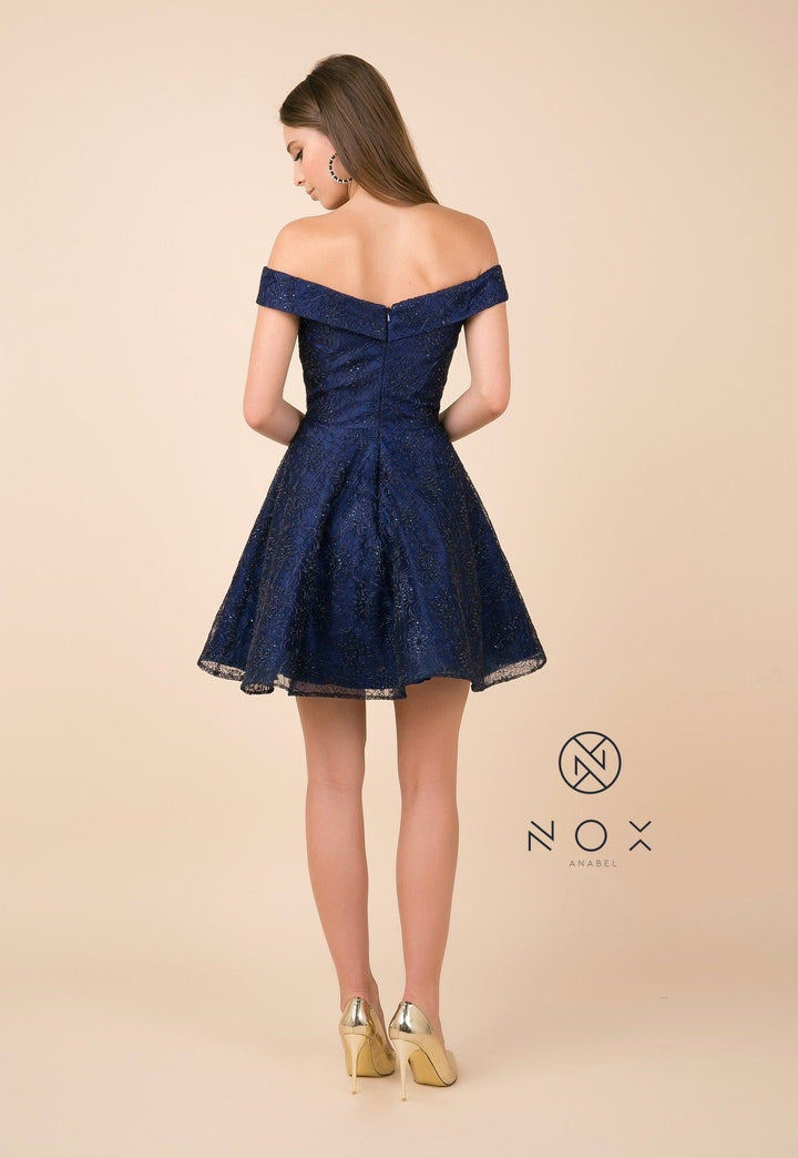 Appliqued Short Off Shoulder A-line Dress by Nox Anabel A676-Short Cocktail Dresses-ABC Fashion