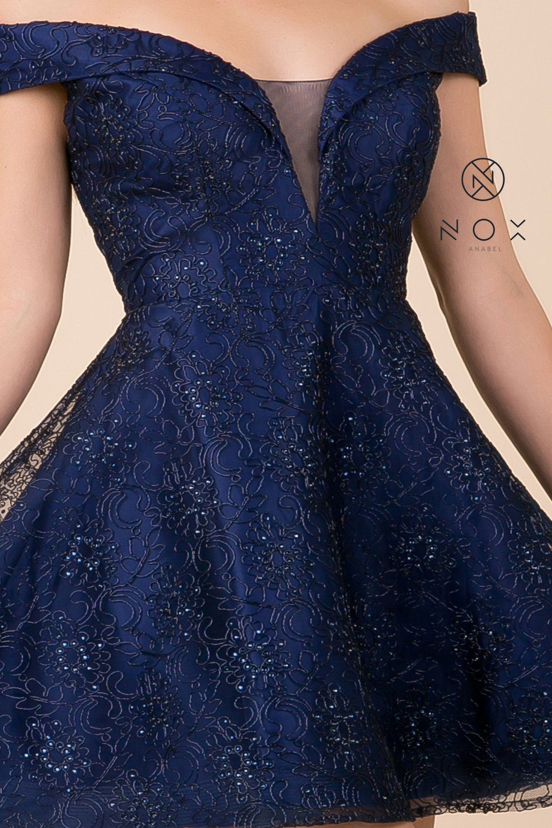 Appliqued Short Off Shoulder A-line Dress by Nox Anabel A676-Short Cocktail Dresses-ABC Fashion
