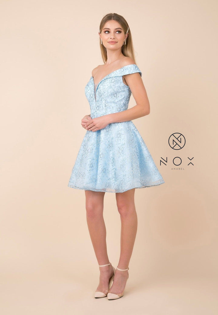 Appliqued Short Off Shoulder A-line Dress by Nox Anabel A676-Short Cocktail Dresses-ABC Fashion