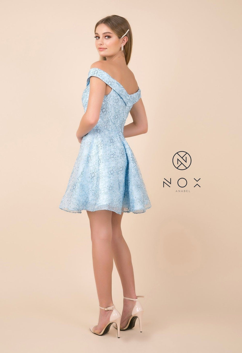 Appliqued Short Off Shoulder A-line Dress by Nox Anabel A676-Short Cocktail Dresses-ABC Fashion