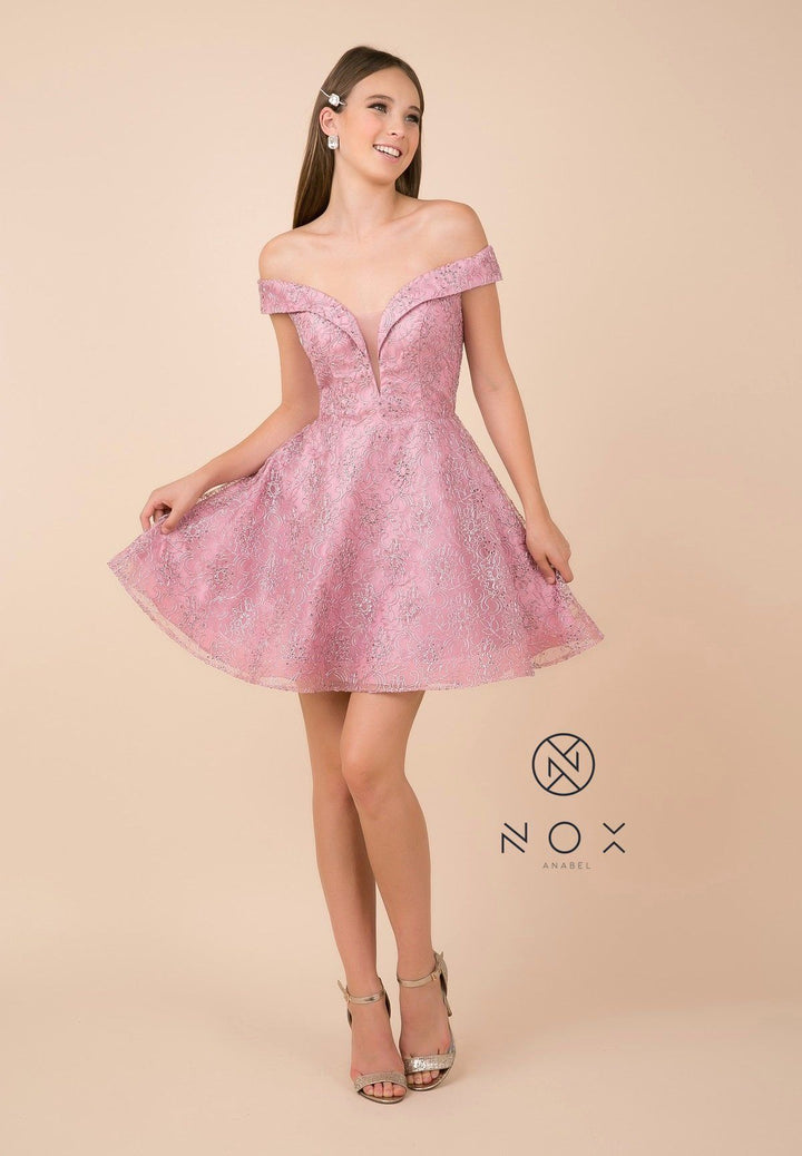 Appliqued Short Off Shoulder A-line Dress by Nox Anabel A676-Short Cocktail Dresses-ABC Fashion