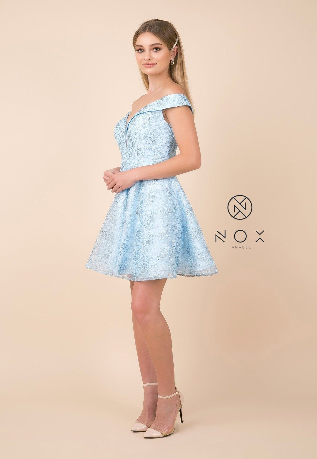 Appliqued Short Off Shoulder A-line Dress by Nox Anabel A676-Short Cocktail Dresses-ABC Fashion