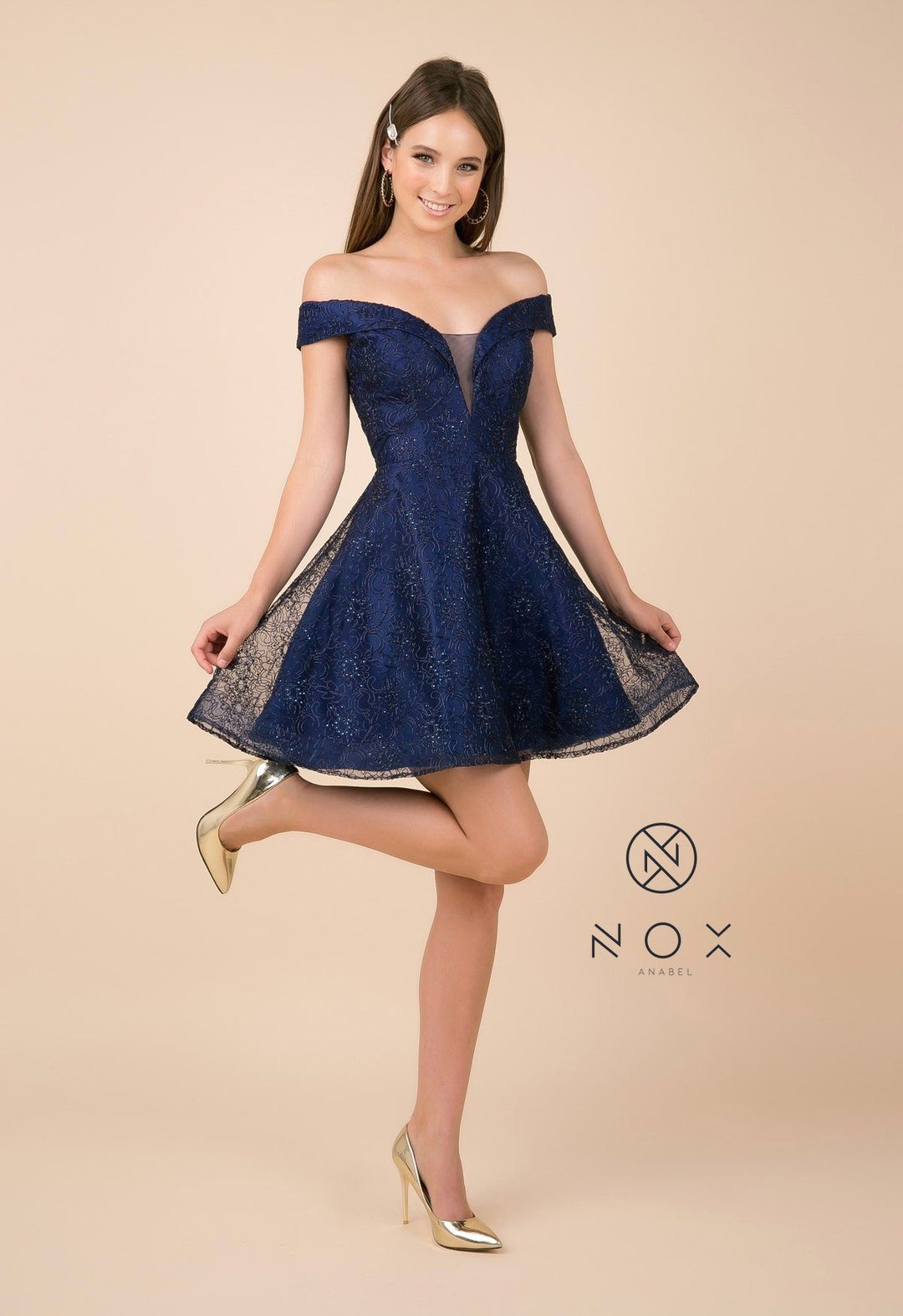 Appliqued Short Off Shoulder A-line Dress by Nox Anabel A676-Short Cocktail Dresses-ABC Fashion