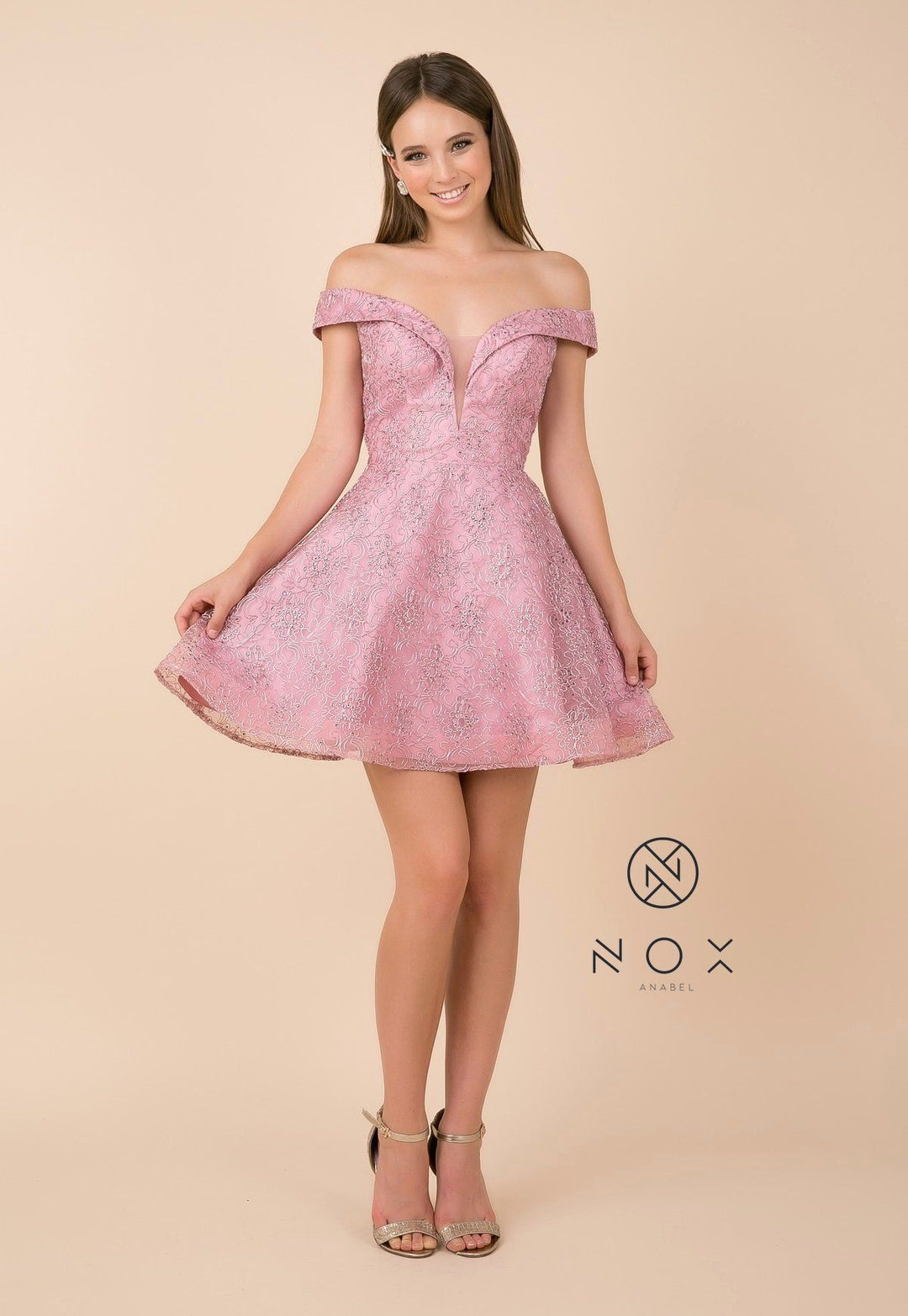 Appliqued Short Off Shoulder A-line Dress by Nox Anabel A676-Short Cocktail Dresses-ABC Fashion