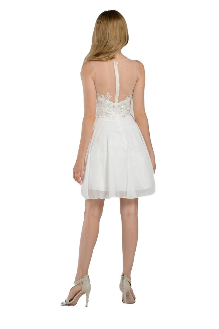 Aqua Short Chiffon Dress with Lace Applique Bodice by Poly USA-Short Cocktail Dresses-ABC Fashion