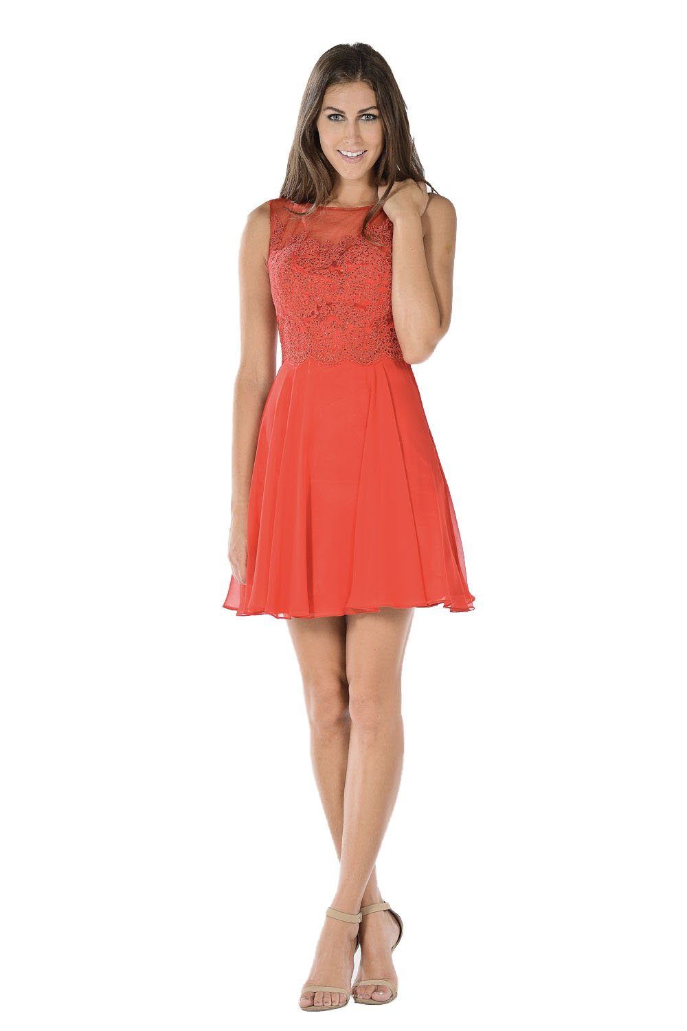Aqua Short Chiffon Dress with Lace Applique Bodice by Poly USA-Short Cocktail Dresses-ABC Fashion