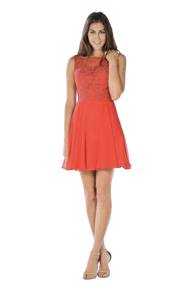 Aqua Short Chiffon Dress with Lace Applique Bodice by Poly USA-Short Cocktail Dresses-ABC Fashion