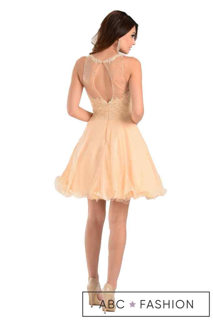 Aqua Short Chiffon Dress with Lace Applique Top by Poly USA-Short Cocktail Dresses-ABC Fashion