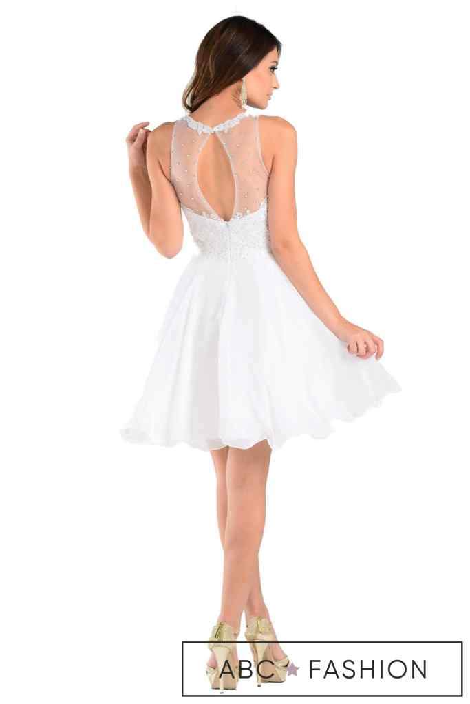 Aqua Short Chiffon Dress with Lace Applique Top by Poly USA-Short Cocktail Dresses-ABC Fashion