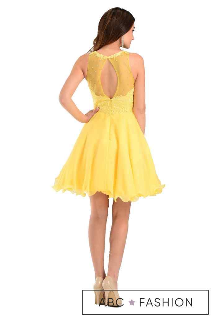 Aqua Short Chiffon Dress with Lace Applique Top by Poly USA-Short Cocktail Dresses-ABC Fashion