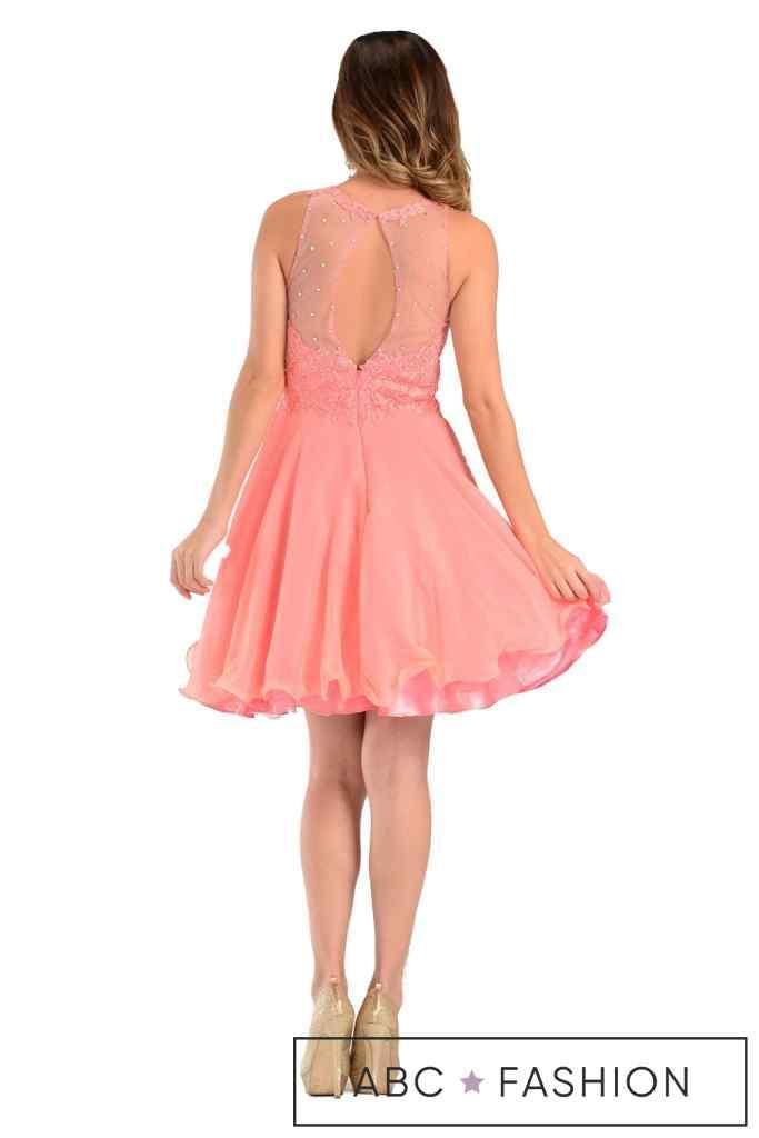 Aqua Short Chiffon Dress with Lace Applique Top by Poly USA-Short Cocktail Dresses-ABC Fashion