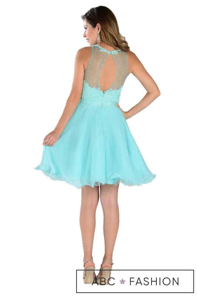 Aqua Short Chiffon Dress with Lace Applique Top by Poly USA-Short Cocktail Dresses-ABC Fashion