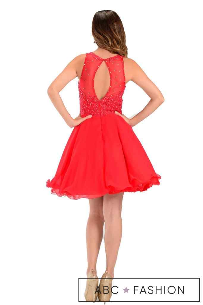 Aqua Short Chiffon Dress with Lace Applique Top by Poly USA-Short Cocktail Dresses-ABC Fashion
