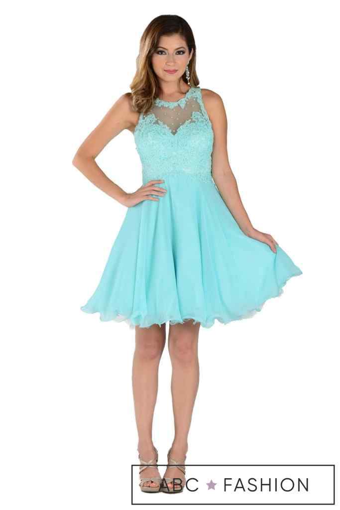 Aqua Short Chiffon Dress with Lace Applique Top by Poly USA-Short Cocktail Dresses-ABC Fashion