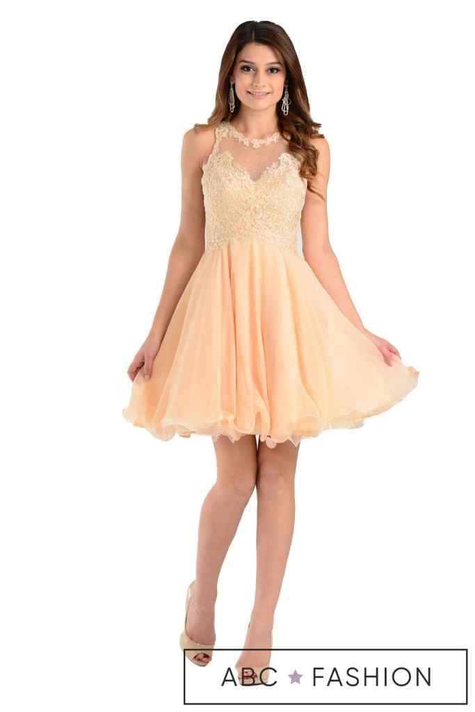 Aqua Short Chiffon Dress with Lace Applique Top by Poly USA-Short Cocktail Dresses-ABC Fashion