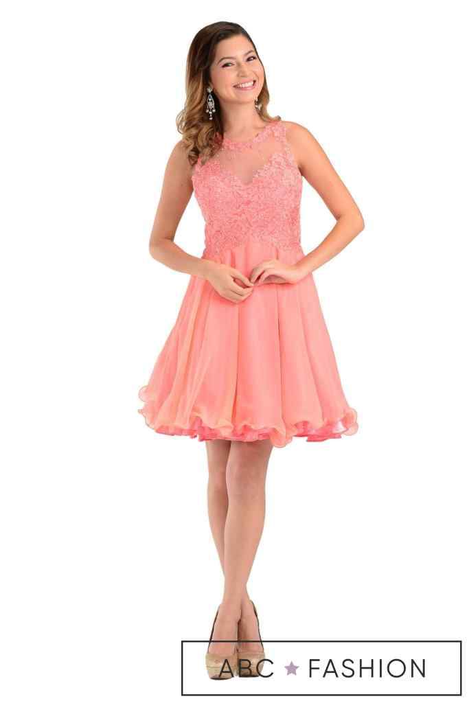 Aqua Short Chiffon Dress with Lace Applique Top by Poly USA-Short Cocktail Dresses-ABC Fashion