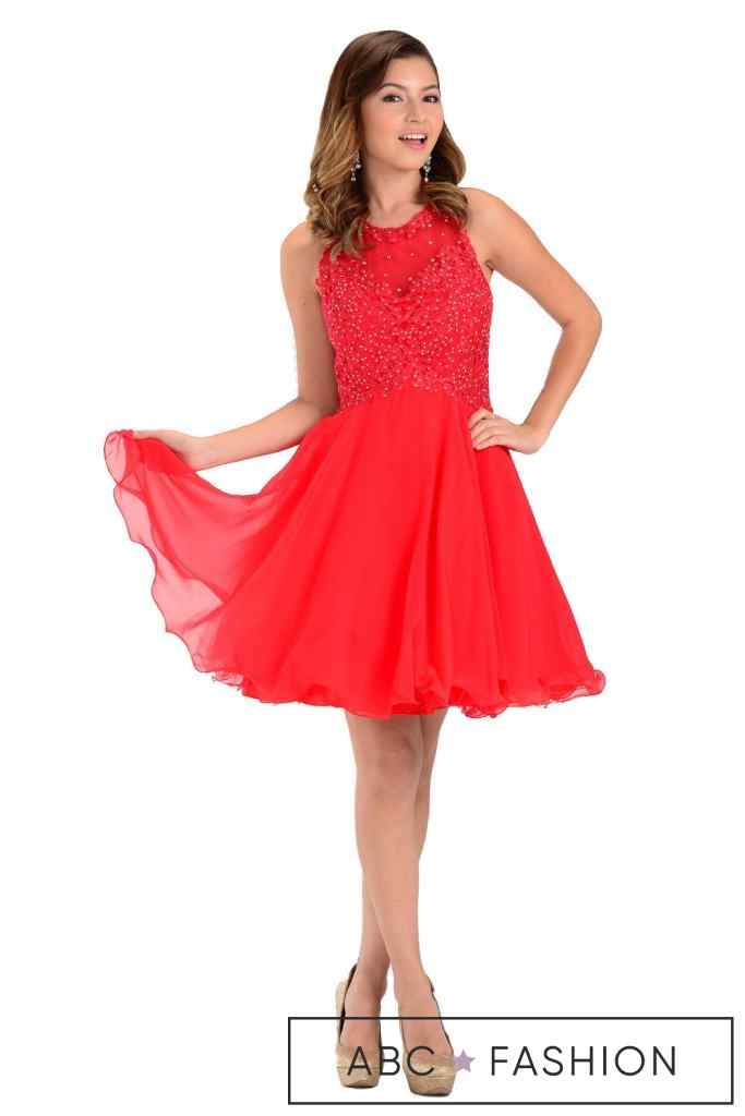 Aqua Short Chiffon Dress with Lace Applique Top by Poly USA-Short Cocktail Dresses-ABC Fashion