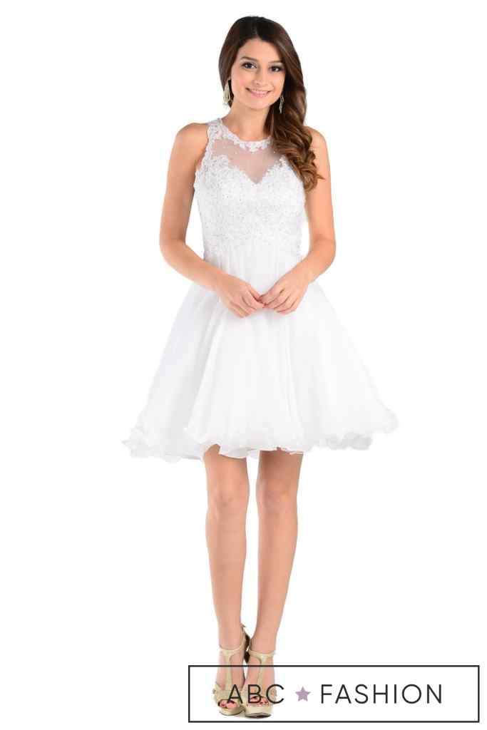 Aqua Short Chiffon Dress with Lace Applique Top by Poly USA-Short Cocktail Dresses-ABC Fashion
