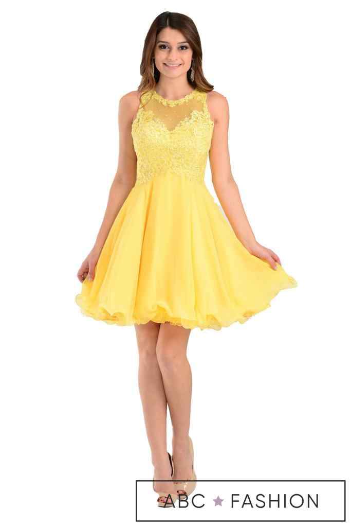 Aqua Short Chiffon Dress with Lace Applique Top by Poly USA-Short Cocktail Dresses-ABC Fashion