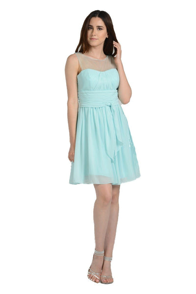Aqua Short Sleeveless Illusion Dress with Bow by Poly USA-Short Cocktail Dresses-ABC Fashion