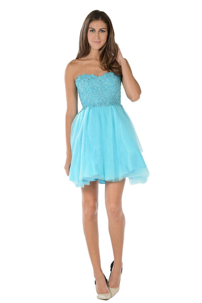 Aqua Short Strapless Dress with Lace Bodice by Poly USA-Short Cocktail Dresses-ABC Fashion