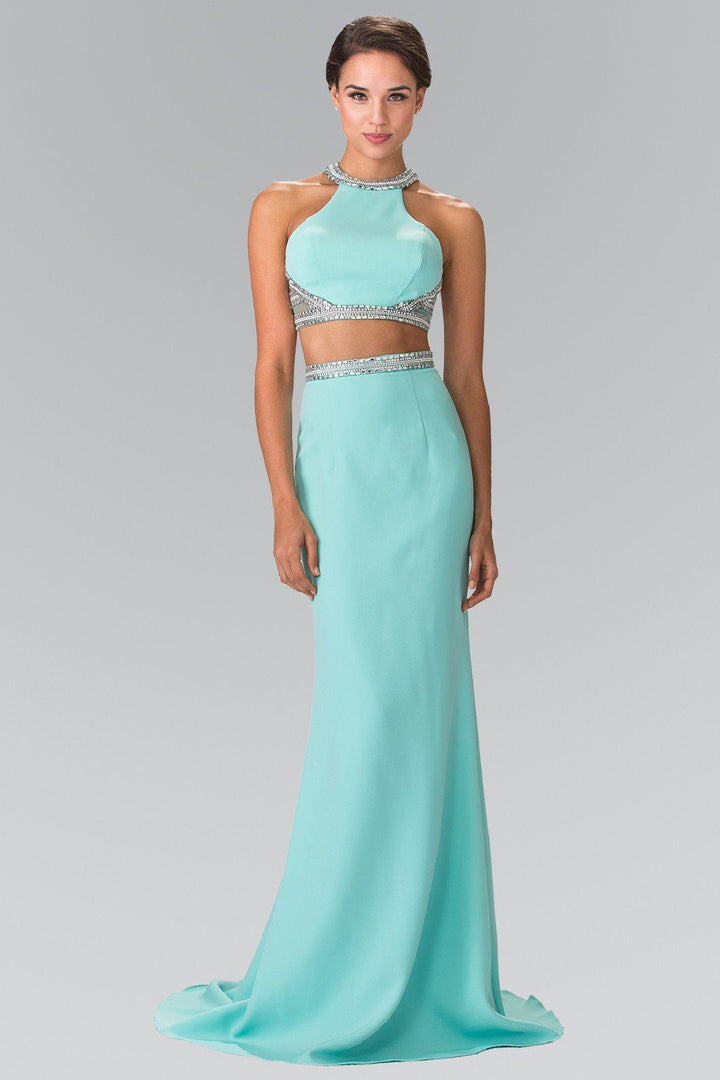 Aqua Two-Piece Dress with Beaded Accents by Elizabeth K GL2256-Long Formal Dresses-ABC Fashion