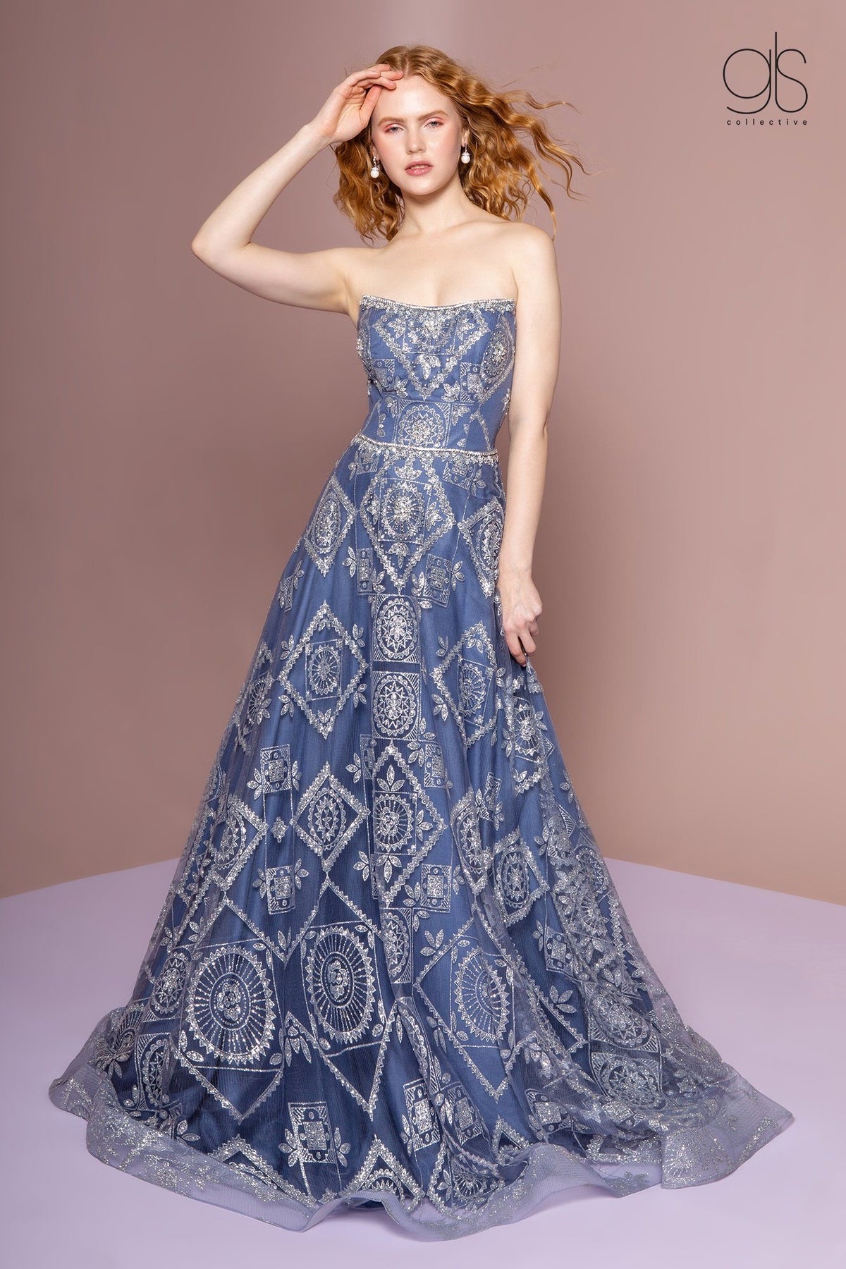 Bead Embellished Long Strapless A-Line Dress by Elizabeth K GL2650 S / Blue