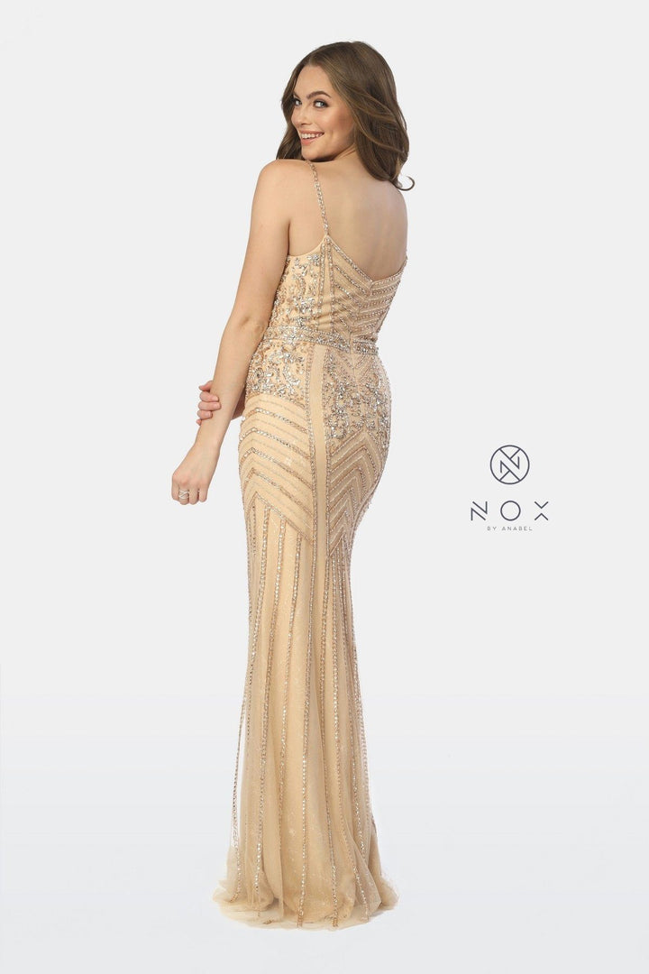 Bead Embellished Long V-Neck Trumpet Dress by Nox Anabel T254-Long Formal Dresses-ABC Fashion