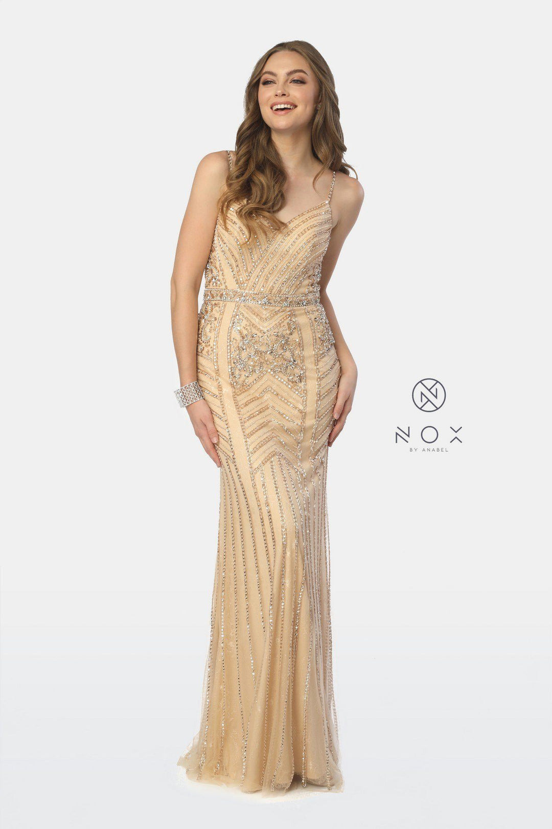 Bead Embellished Long V-Neck Trumpet Dress by Nox Anabel T254-Long Formal Dresses-ABC Fashion