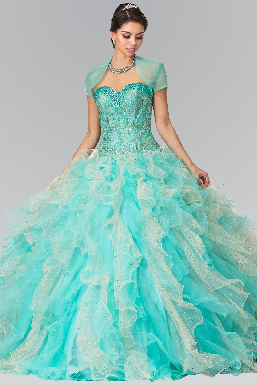 Bead Embroidered Strapless Ruffled Ballgown by Elizabeth K GL2210-Quinceanera Dresses-ABC Fashion